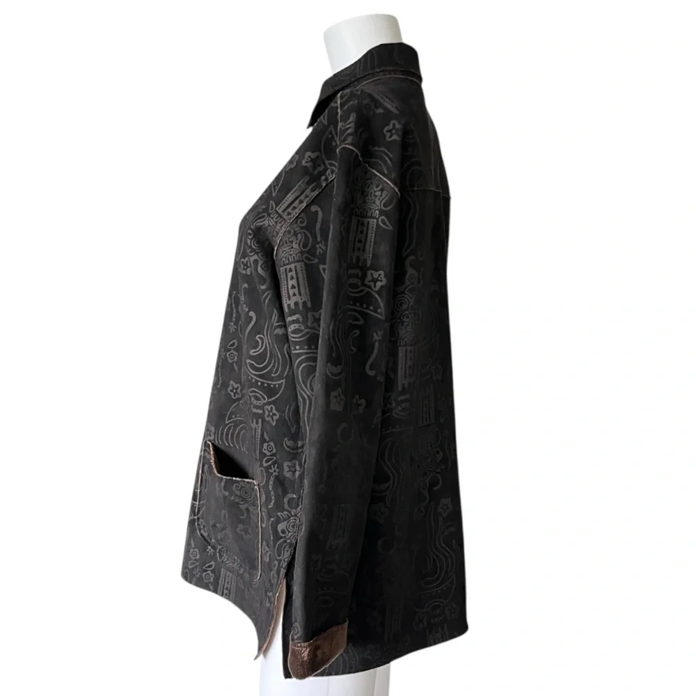Vintage Chicos Faux Suede Jacket Dark Chocolate Brown Patterned Size Medium M - Picture 3 of 7